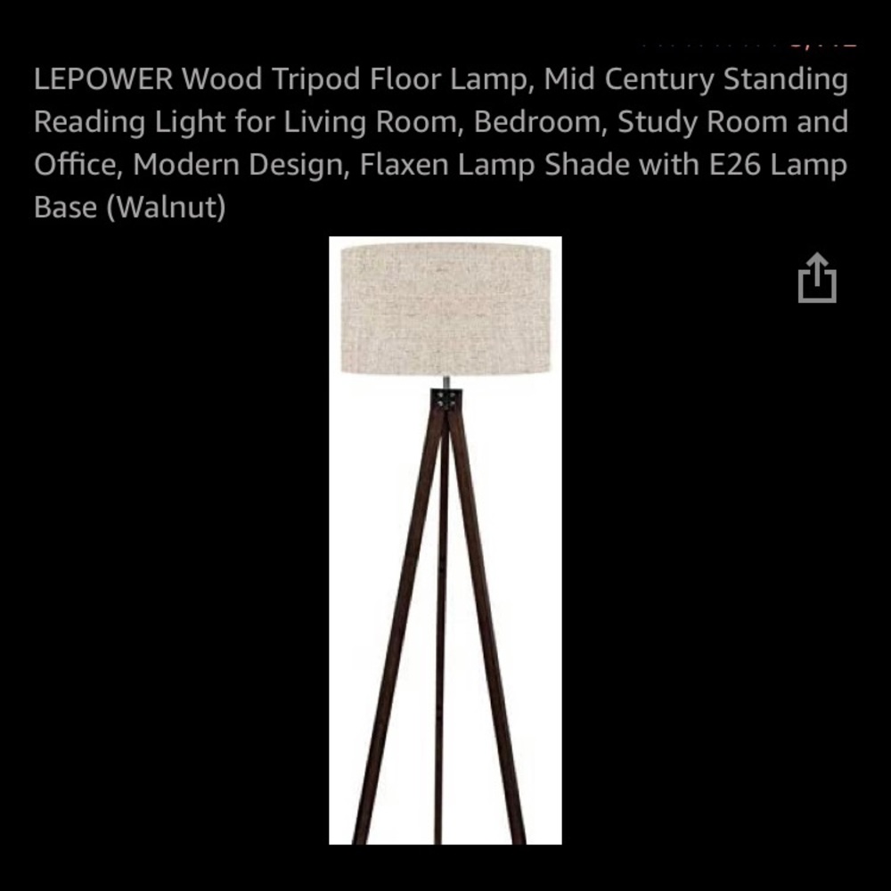 NWOT LEPOWER wooden tripod floor lamp walnut. Box torn on right side